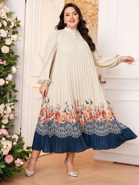 Pleated Floral Hem Cream and Navy Midi Dress